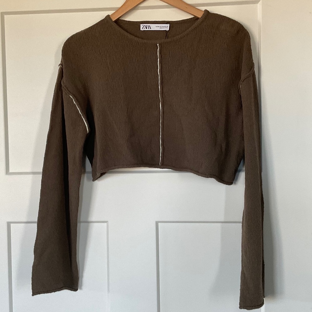 Zara Boho Olive Green Cropped Pullover Sweater Size XS NWT